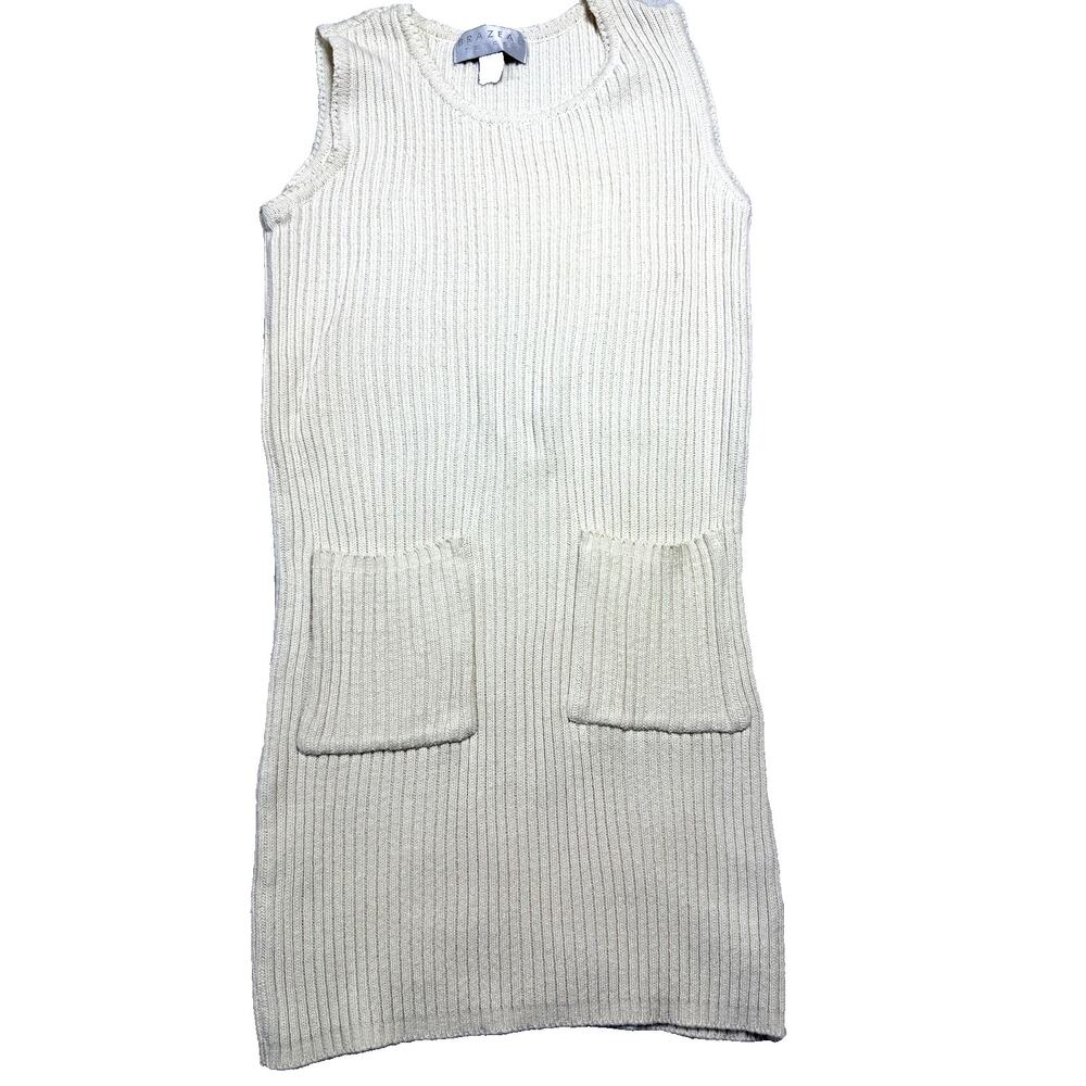 Brazeau Tricot Ribbed Knit Sleeveless Dress Medium Cream Cotton Pocket Mini